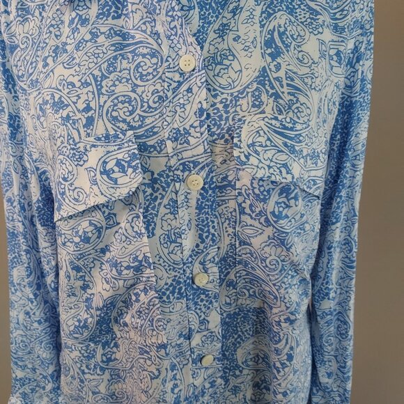 Zara Paisley Blue Button Down Long Sleeve Blouse Size Small - Picture 7 of 8